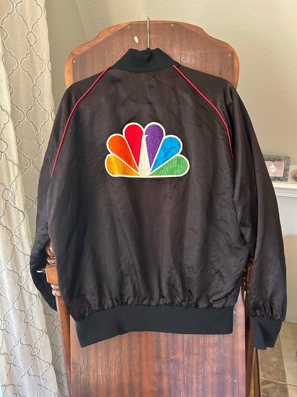 Vintage NBC Black Satin Rainbow Peacock Logo East West Jacket Large